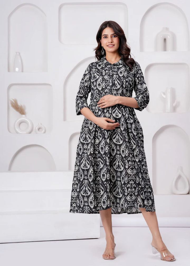 MATERNITY DRESS-Cotton Printed Flared Maternity Dress