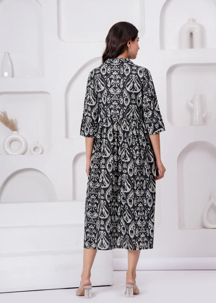 MATERNITY DRESS-Cotton Printed Flared Maternity Dress