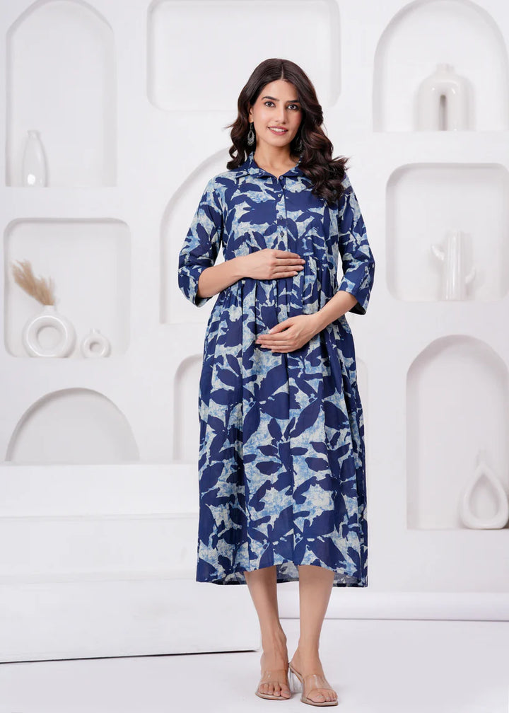 MATERNITY DRESS-Printed Flared Maternity Dress