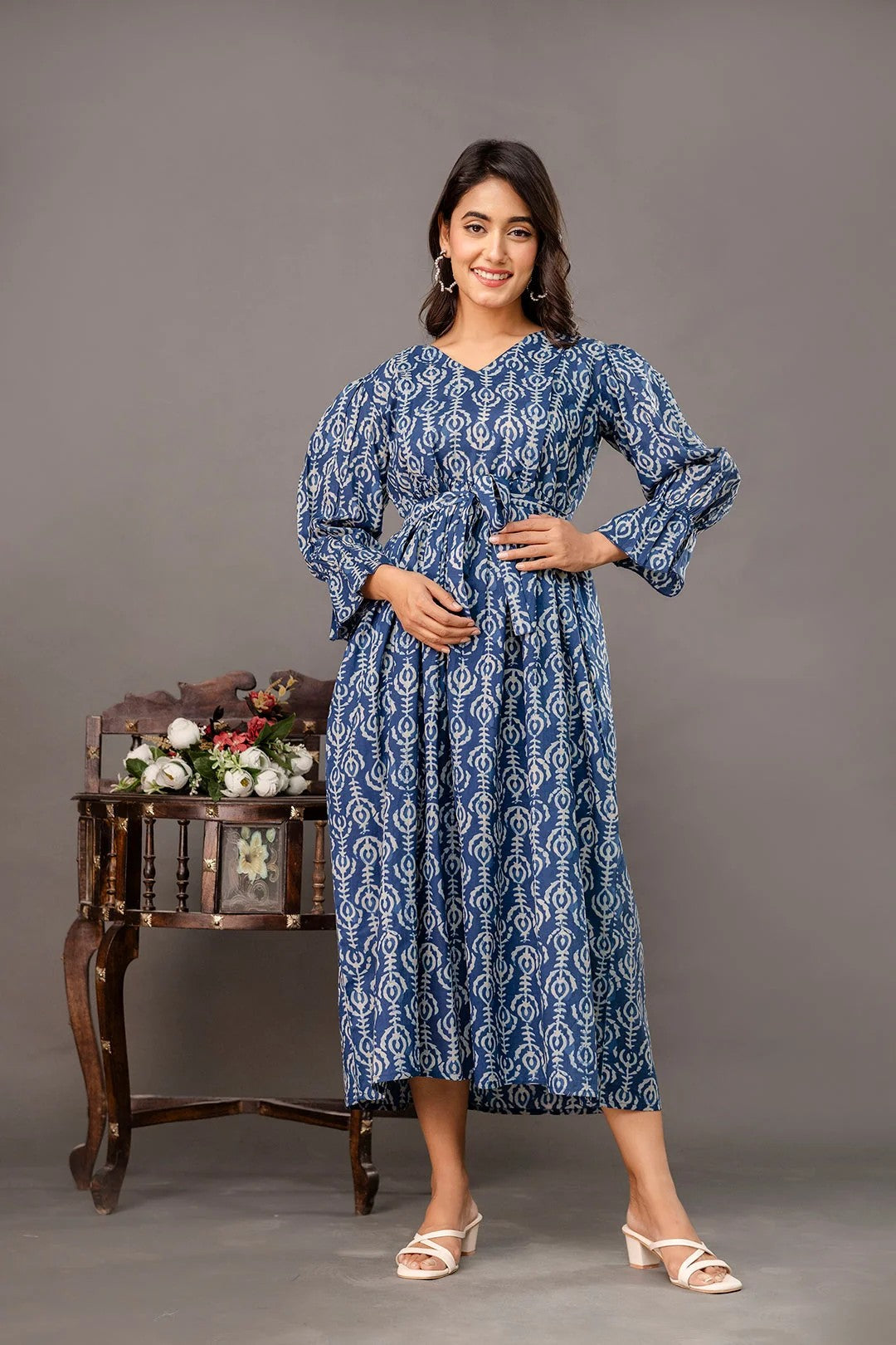 DRESS-Maternity Flared Cotton Printed