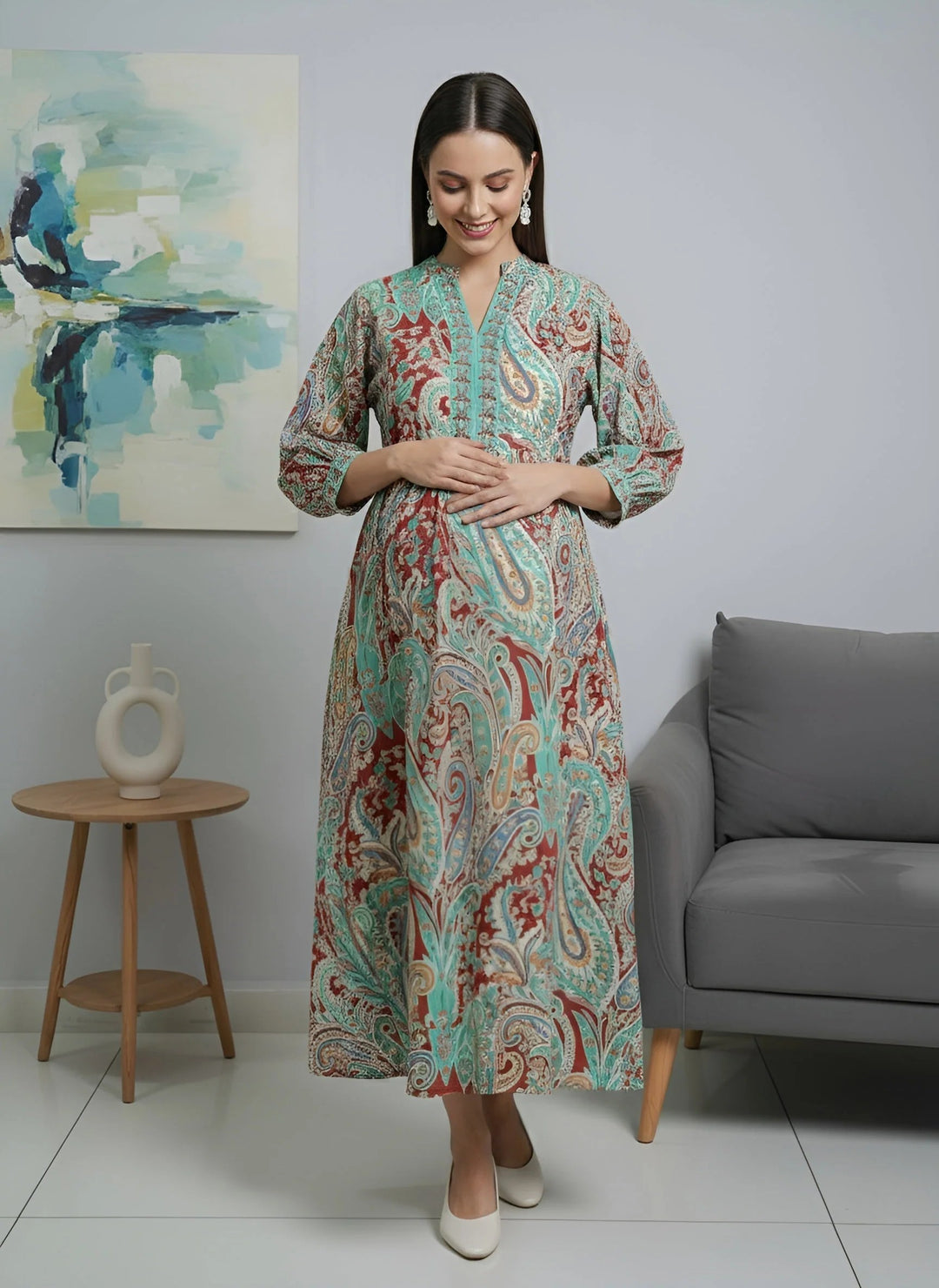 DRESS-Maternity Flared Cotton Printed