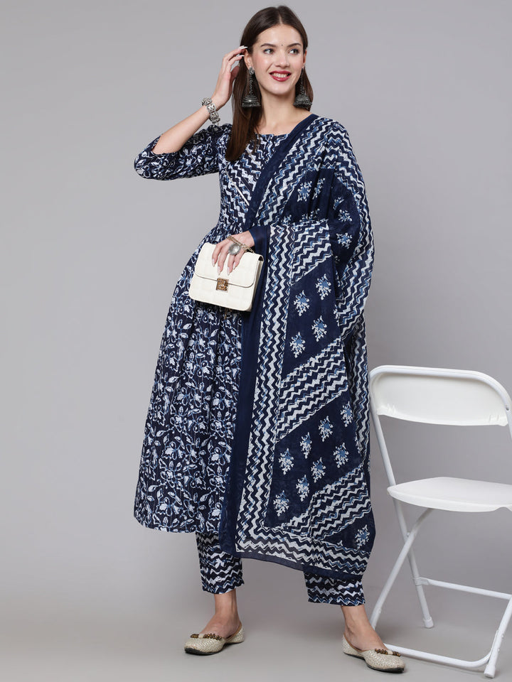 DUPATTA SET - Navy Blue Printed Flared Kurta with pant and Dupatta