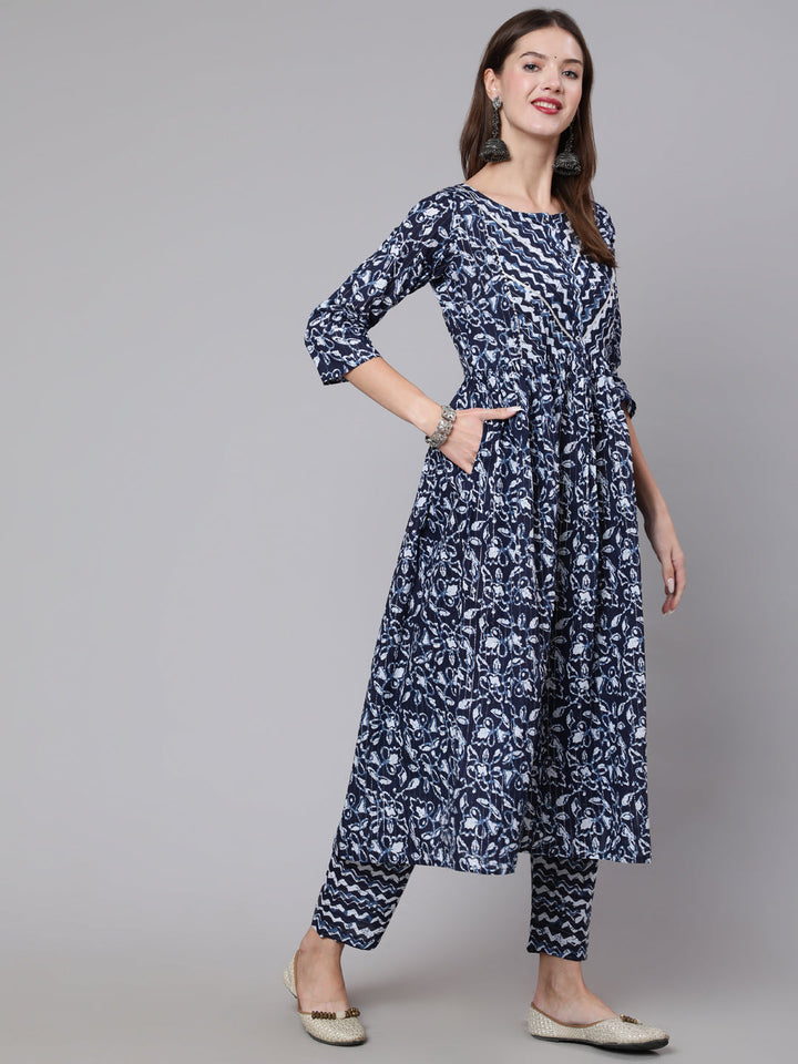 DUPATTA SET - Navy Blue Printed Flared Kurta with pant and Dupatta