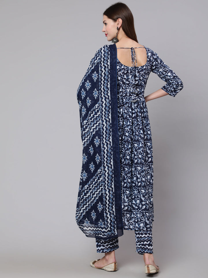 DUPATTA SET - Navy Blue Printed Flared Kurta with pant and Dupatta