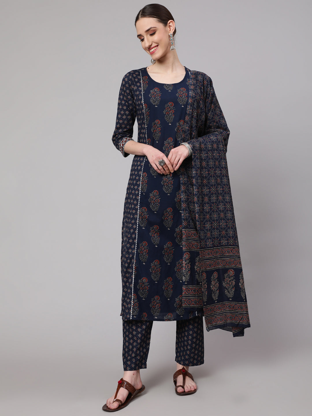 DUPATTA SET - Blue Ethnic Printed Kurta with Trouser and Dupatta