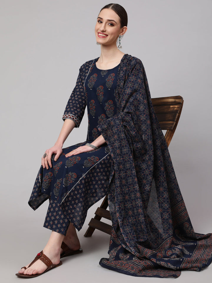 DUPATTA SET - Blue Ethnic Printed Kurta with Trouser and Dupatta