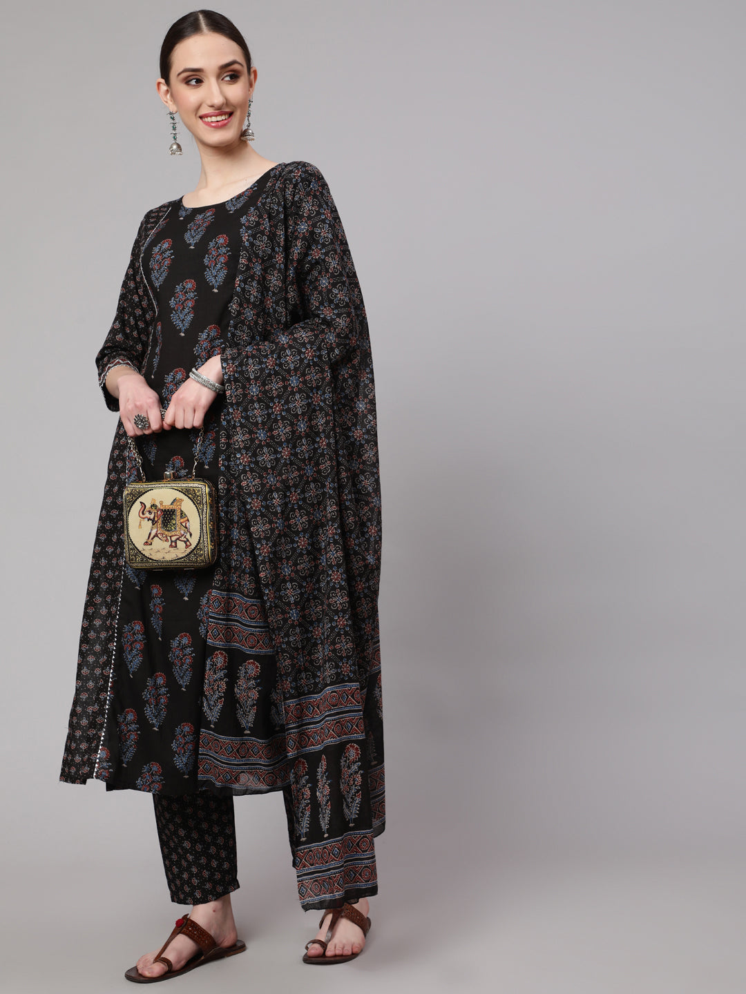 DUPATTA SET - Black Ethnic Printed Kurta with Trouser and Dupatta