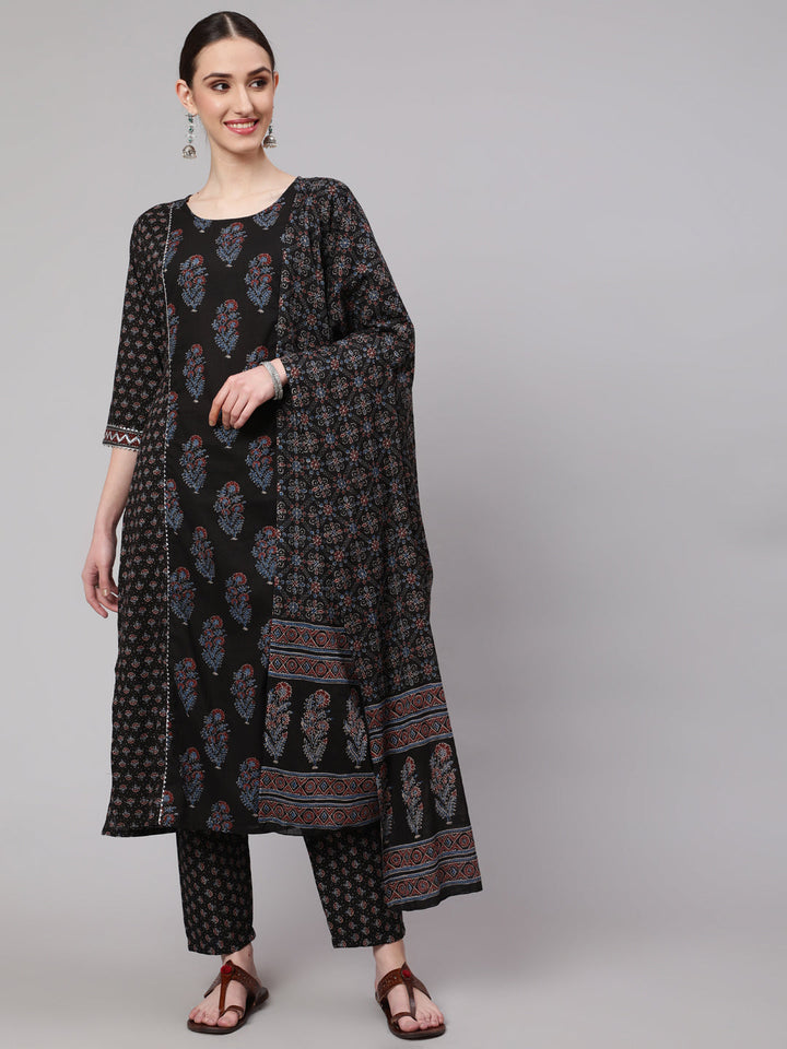 DUPATTA SET - Black Ethnic Printed Kurta with Trouser and Dupatta