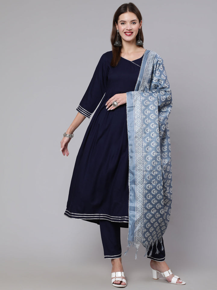 DUPATTA SET - Navy Blue Solid Flared Kurta with Trouser and Dupatta