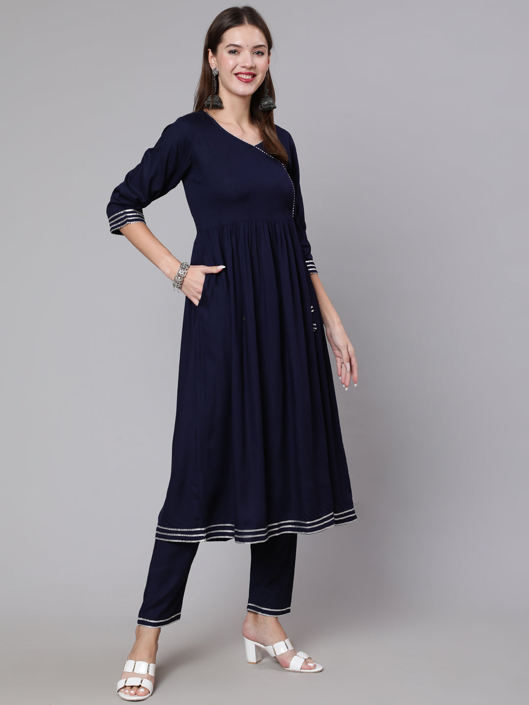 DUPATTA SET - Navy Blue Solid Flared Kurta with Trouser and Dupatta