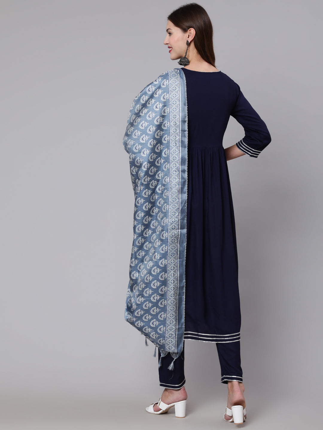 DUPATTA SET - Navy Blue Solid Flared Kurta with Trouser and Dupatta