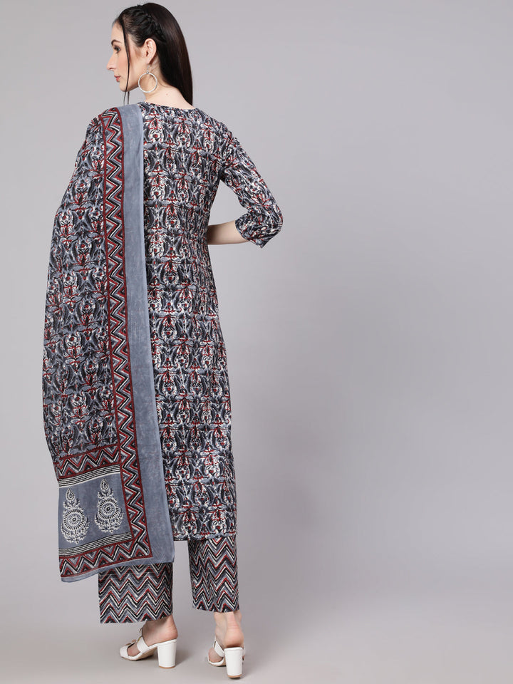 DUPATTA SET - Grey Multi Printed Kurta with Palazzo and Dupatta