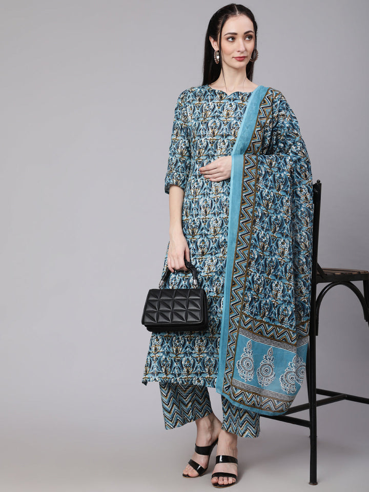 DUPATTA SET -Blue Multi Printed Kurta with Palazzo and Dupatta