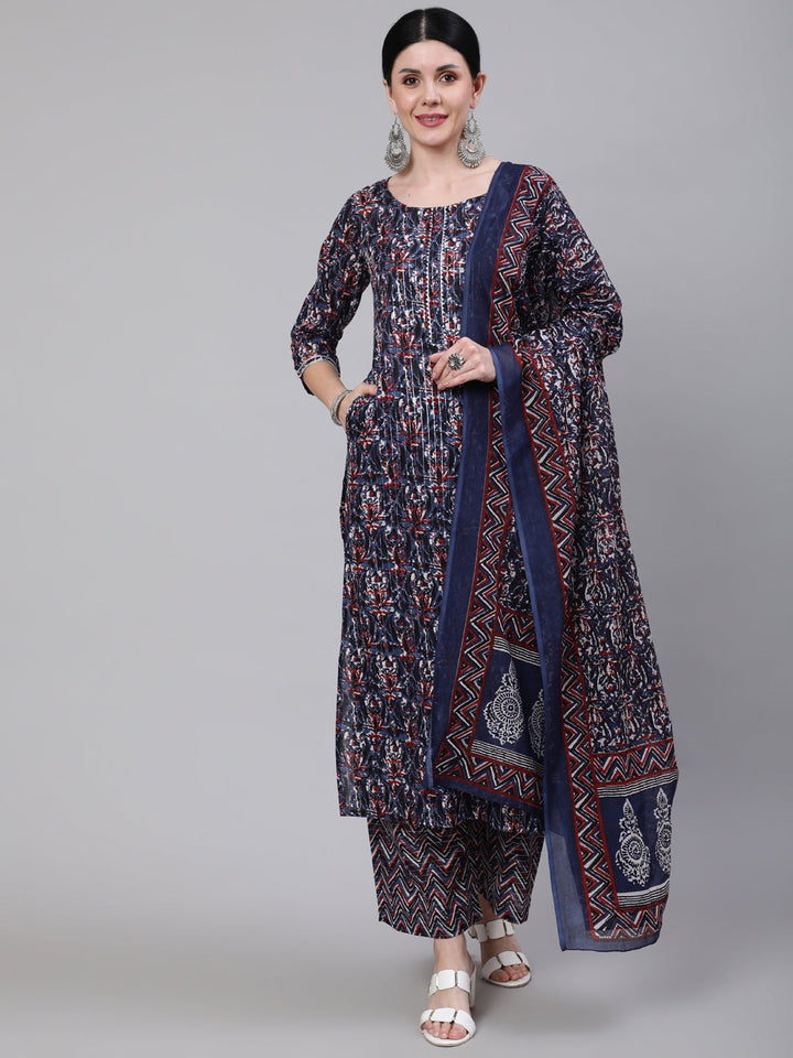 DUPATTA SET - Navy blue Multi Printed Straight Kurta with Palazzo & Dupatta