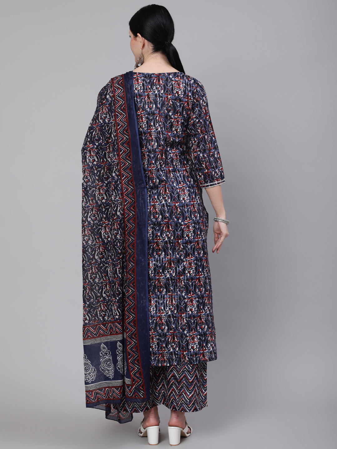 DUPATTA SET - Navy blue Multi Printed Straight Kurta with Palazzo & Dupatta