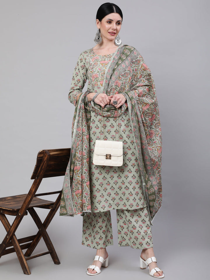 DUPATTA SET - Green Printed Straight Kurta with Palazzo & Dupatta