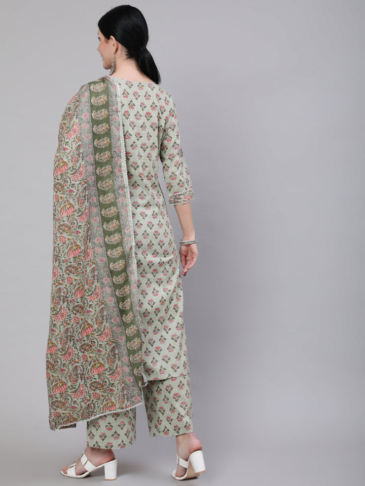 DUPATTA SET - Green Printed Straight Kurta with Palazzo & Dupatta