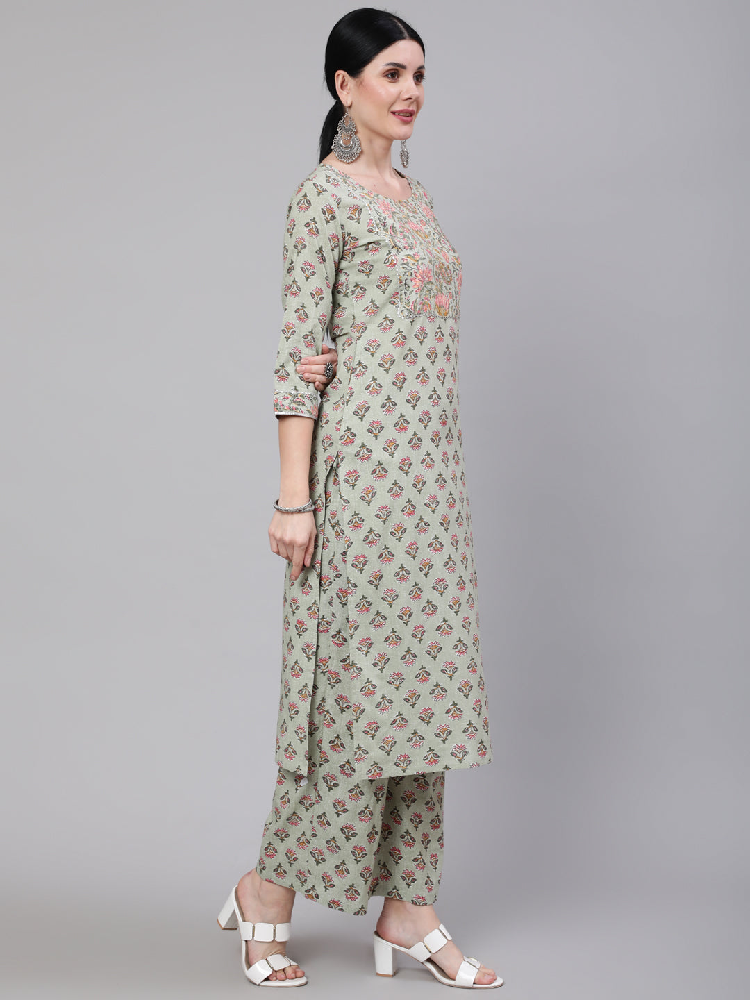 DUPATTA SET - Green Printed Straight Kurta with Palazzo & Dupatta