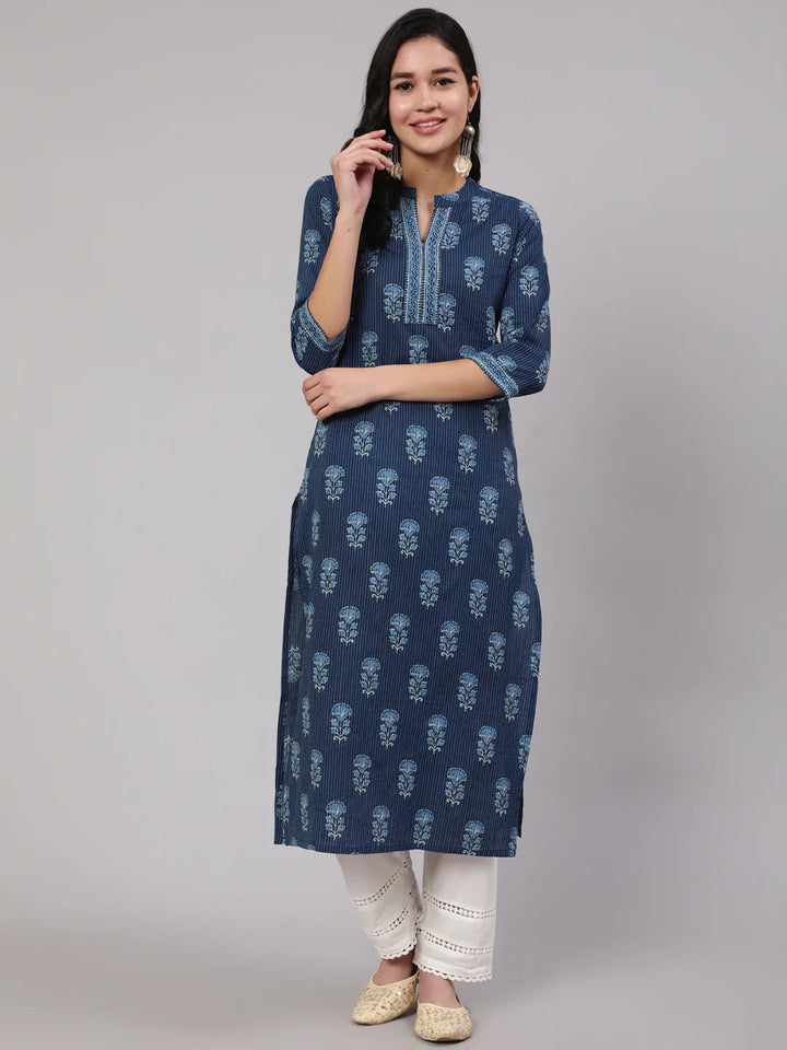 KURTA PANT - Blue Printed Straight Kurta with White Solid Trouser