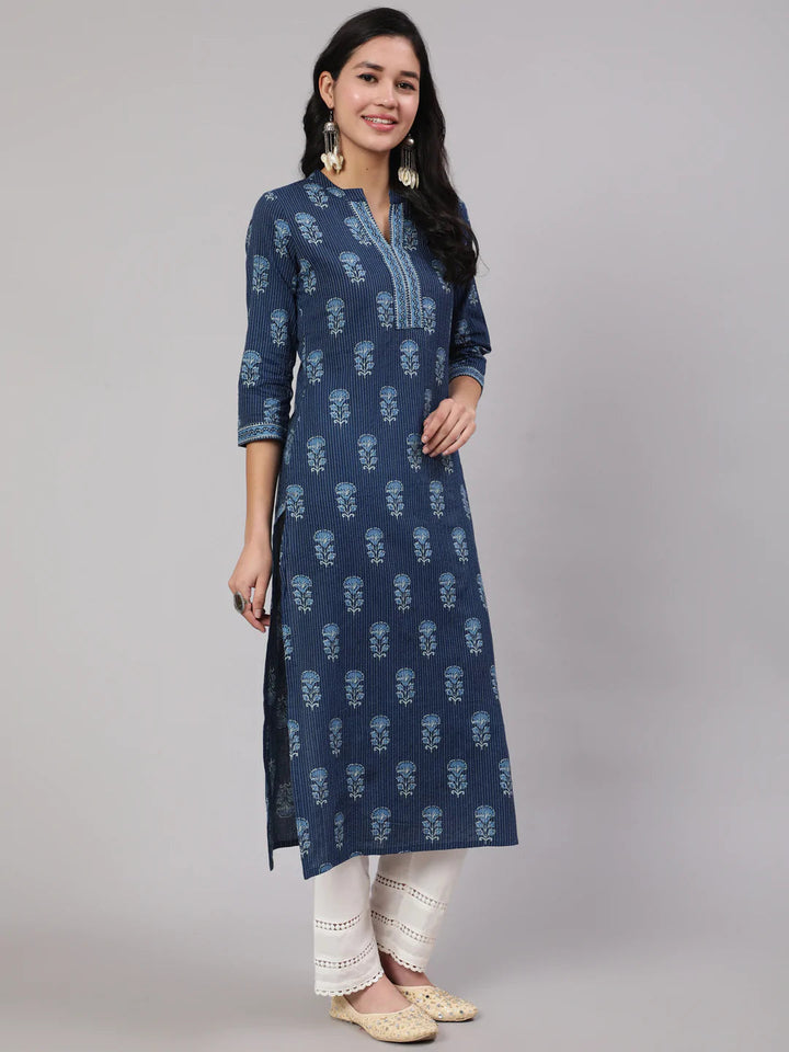 KURTA PANT - Blue Printed Straight Kurta with White Solid Trouser