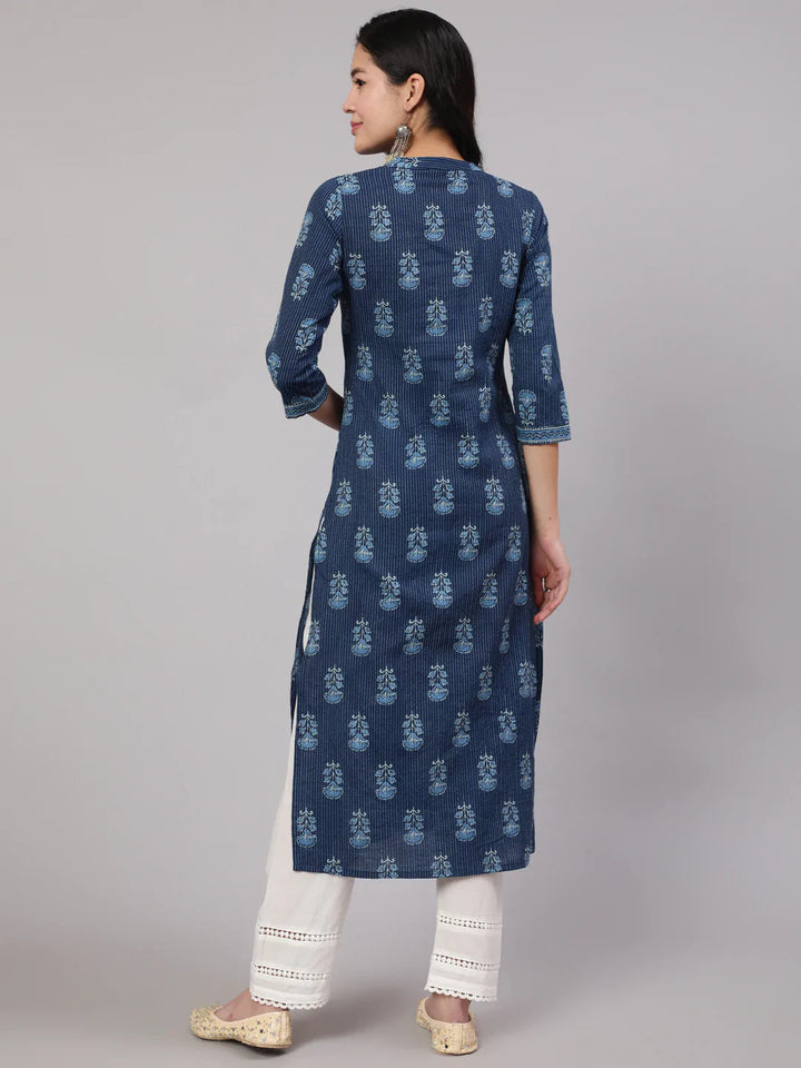 KURTA PANT - Blue Printed Straight Kurta with White Solid Trouser