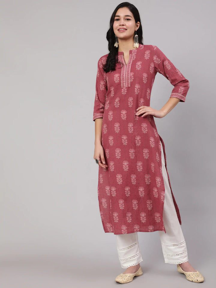 KURTA PANT - Mauve Printed Straight Kurta with White Solid Trouser