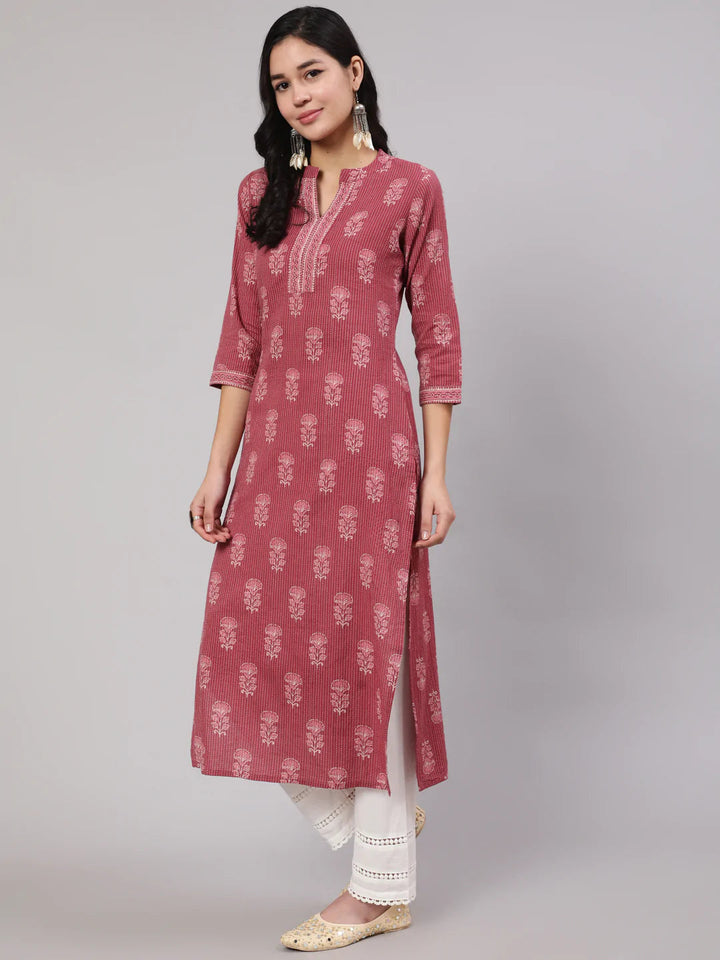 KURTA PANT - Mauve Printed Straight Kurta with White Solid Trouser