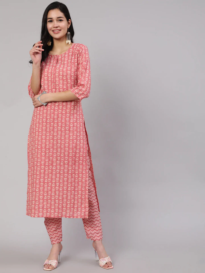 KURTA PANT - Pink Ethnic Printed Straight Kurta With Trouser