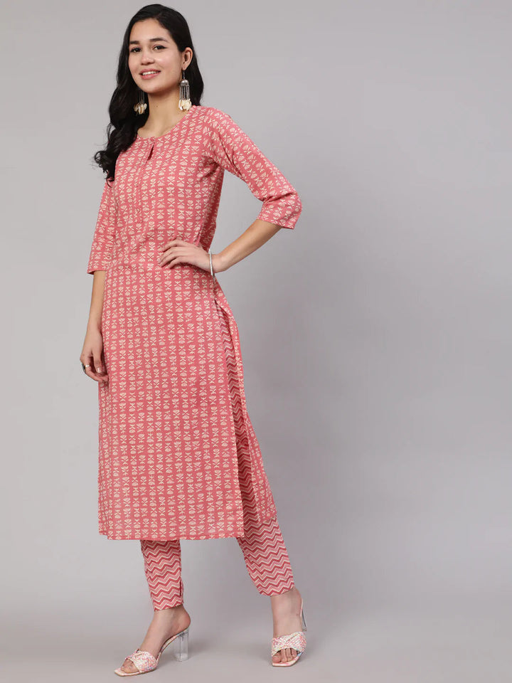 KURTA PANT - Pink Ethnic Printed Straight Kurta With Trouser