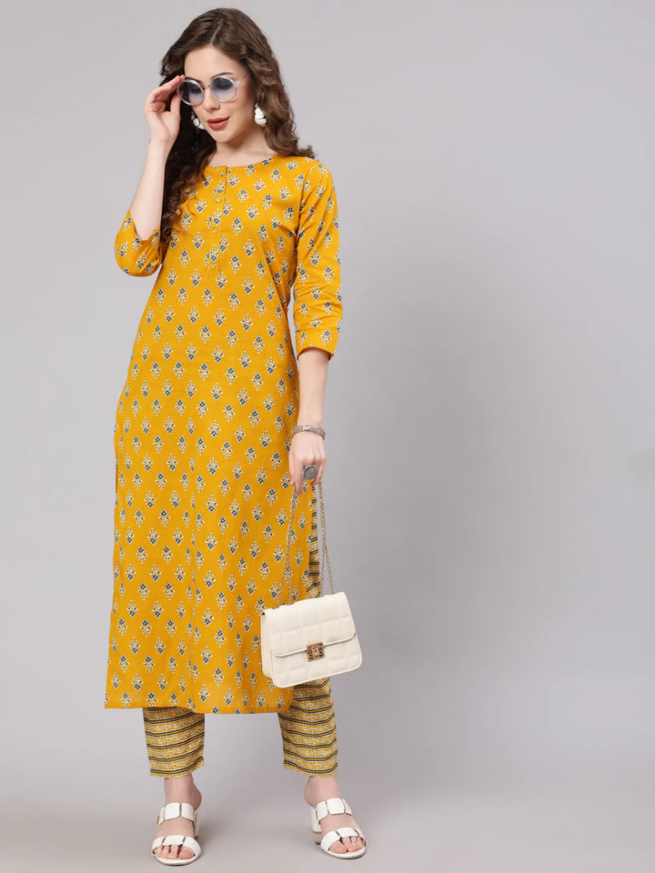 KURTA PANT - Mustard Printed Straight Kurta with Trouser