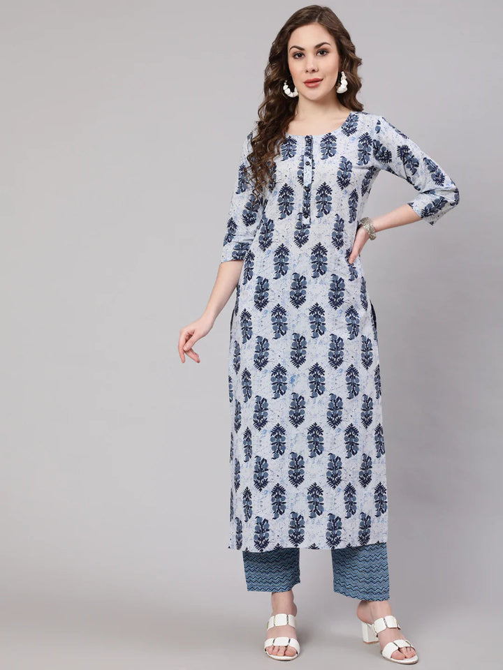 KURTA PANT - Blue Printed Straight Kurta with Trouser