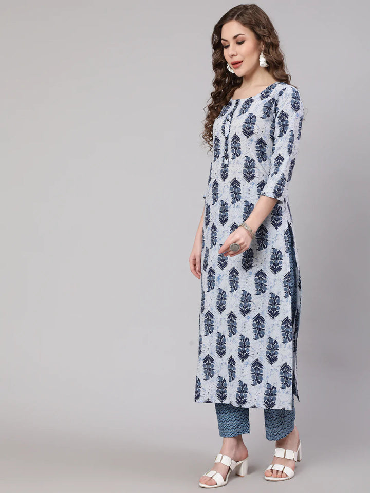 KURTA PANT - Blue Printed Straight Kurta with Trouser