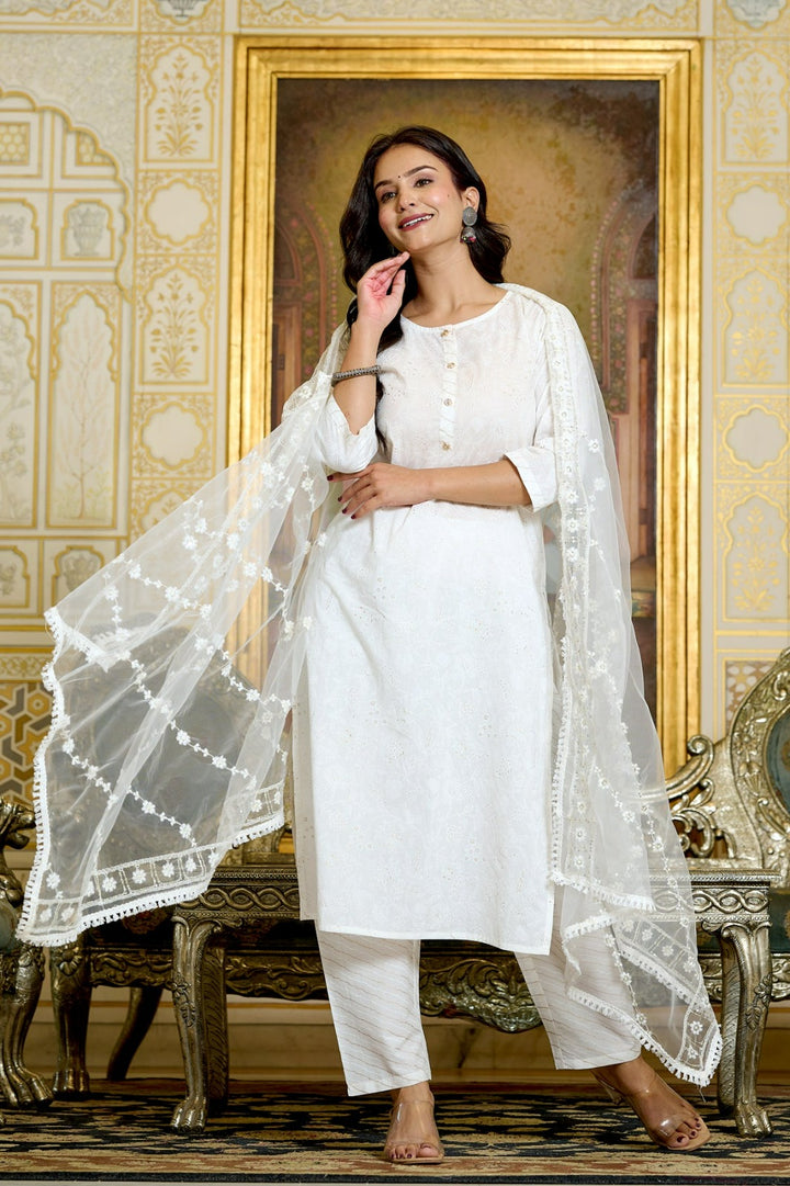 DUPATTA SET-Gold Printed Kurtas & Trouser with Embroidered Dupatta