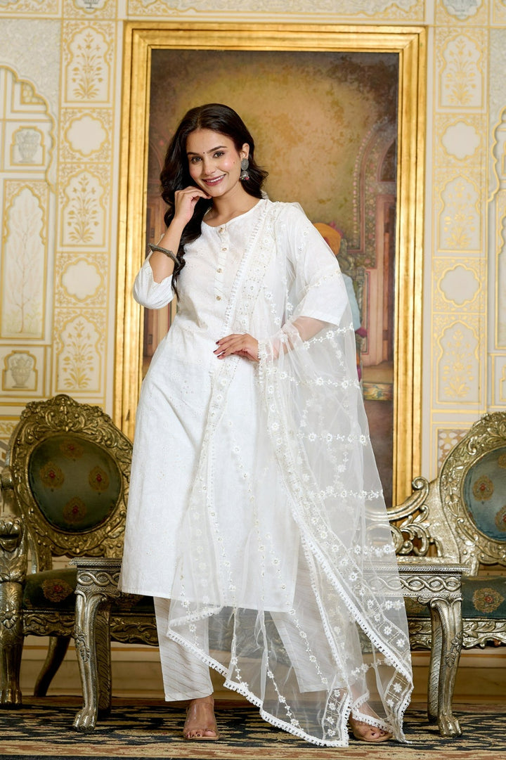 DUPATTA SET-Gold Printed Kurtas & Trouser with Embroidered Dupatta