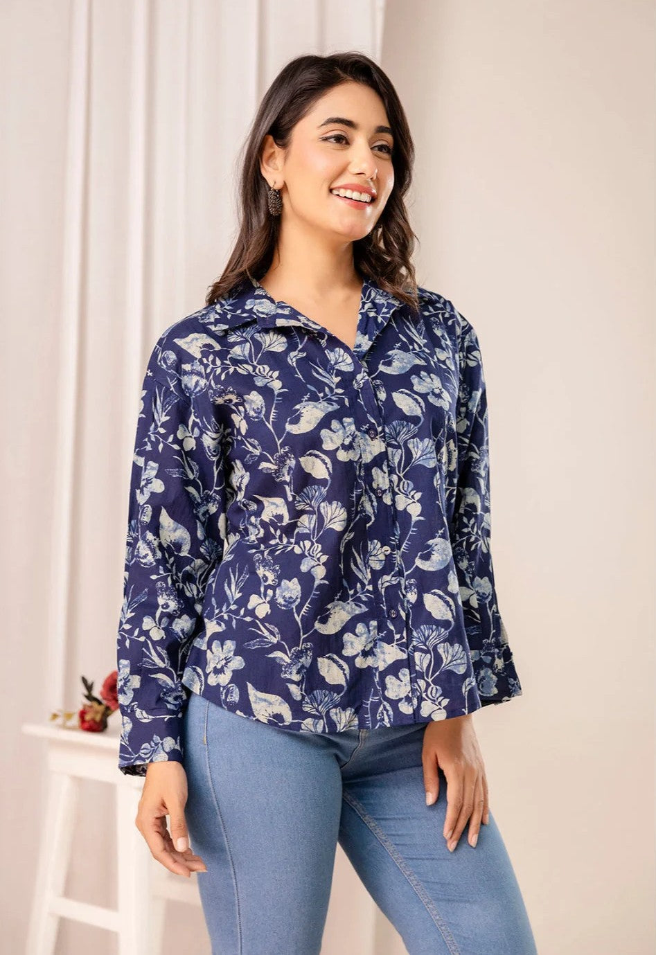 TOP-Blue Shirt Floral Print