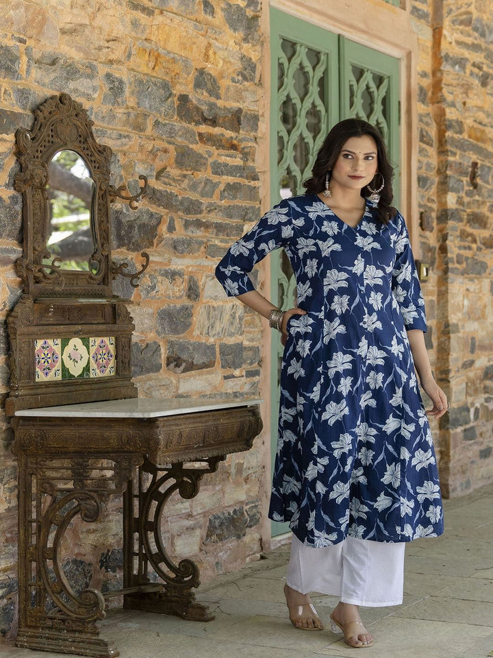 KURTA-Blue ethnic printed A-line kurta