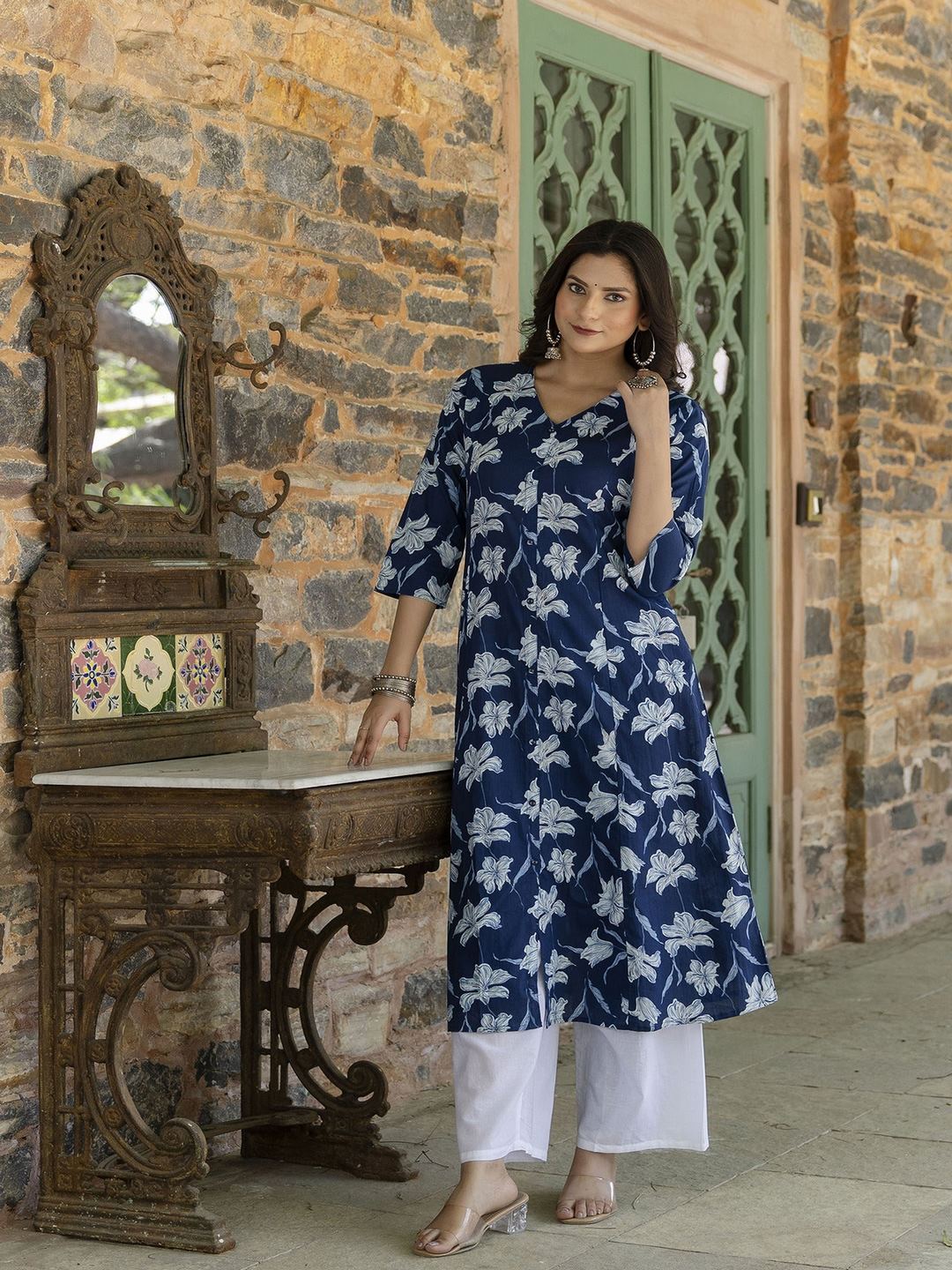 KURTA-Blue ethnic printed A-line kurta