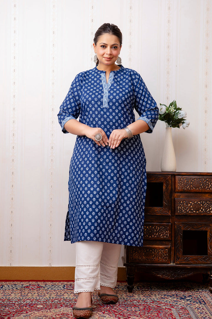 KURTA-Plus size blue printed straight kurta