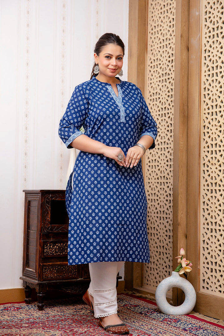 KURTA-Plus size blue printed straight kurta