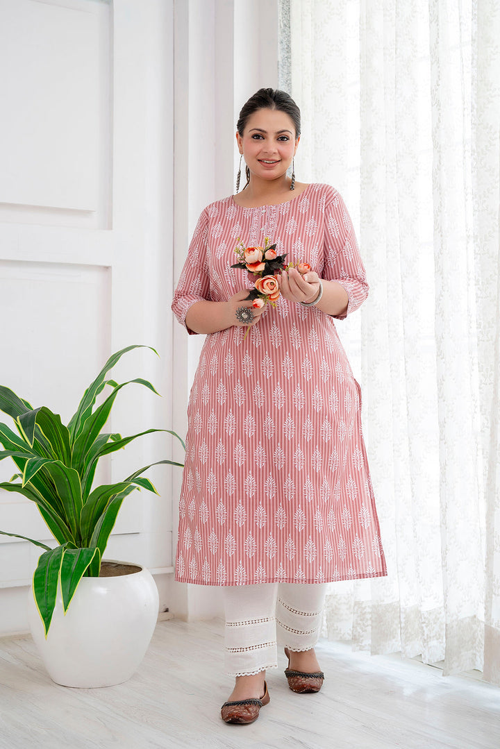 KURTA-Plus size pink printed straight kurta