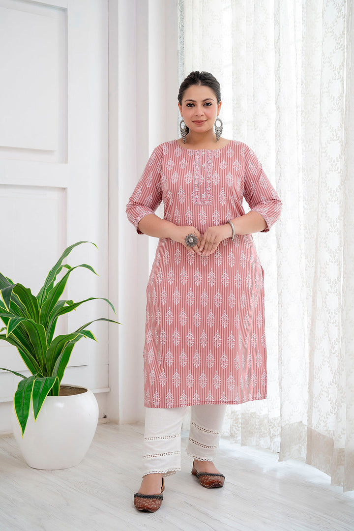 KURTA-Plus size pink printed straight kurta