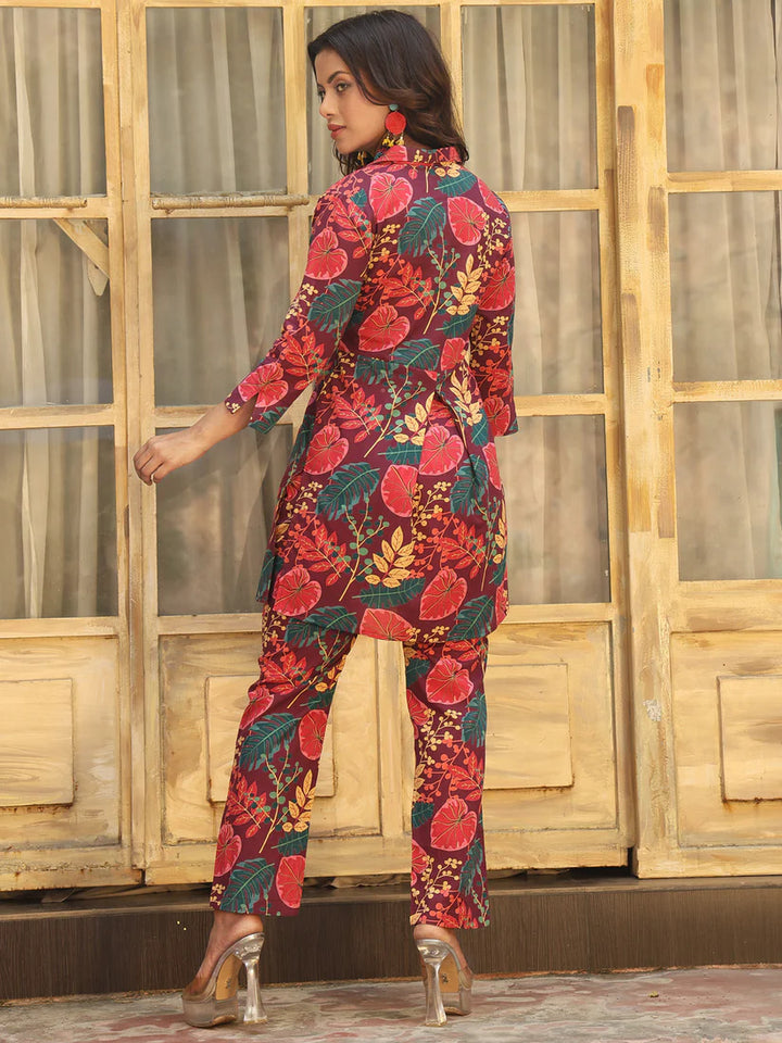 CO-ORDS-Wine Cotton Printed Flared Shirt Collar