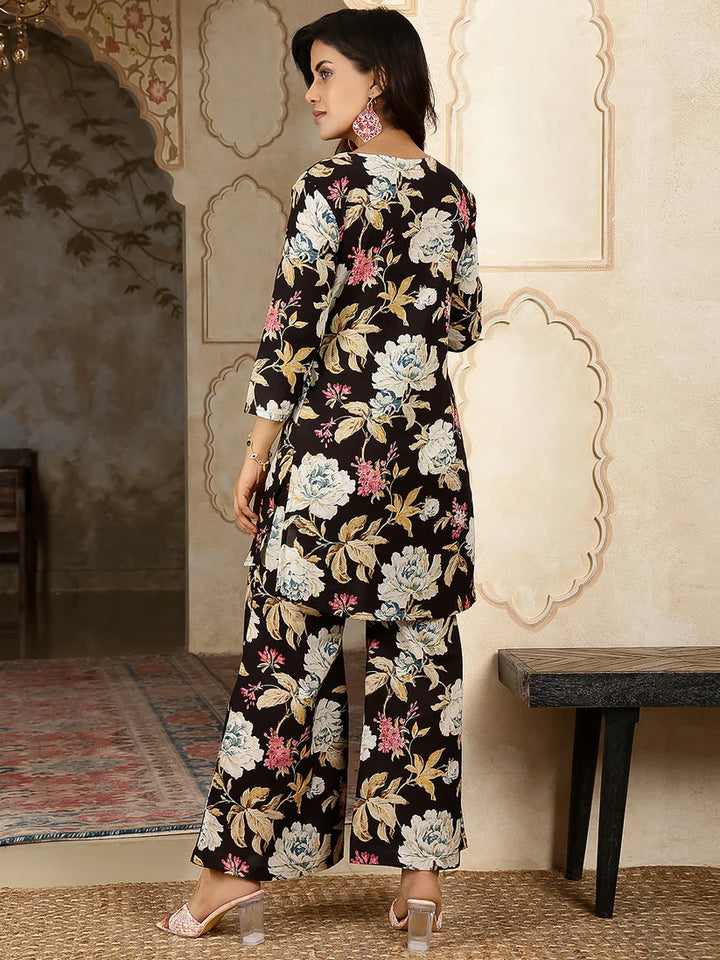 CO-ORDS-Black Cotton Printed Straight Round Neck