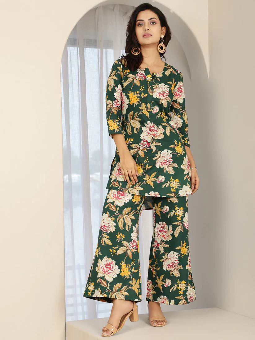 CO-ORDS-Green Cotton Printed Straight Round Neck