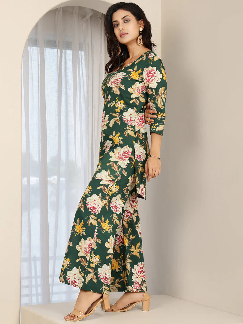 CO-ORDS-Green Cotton Printed Straight Round Neck
