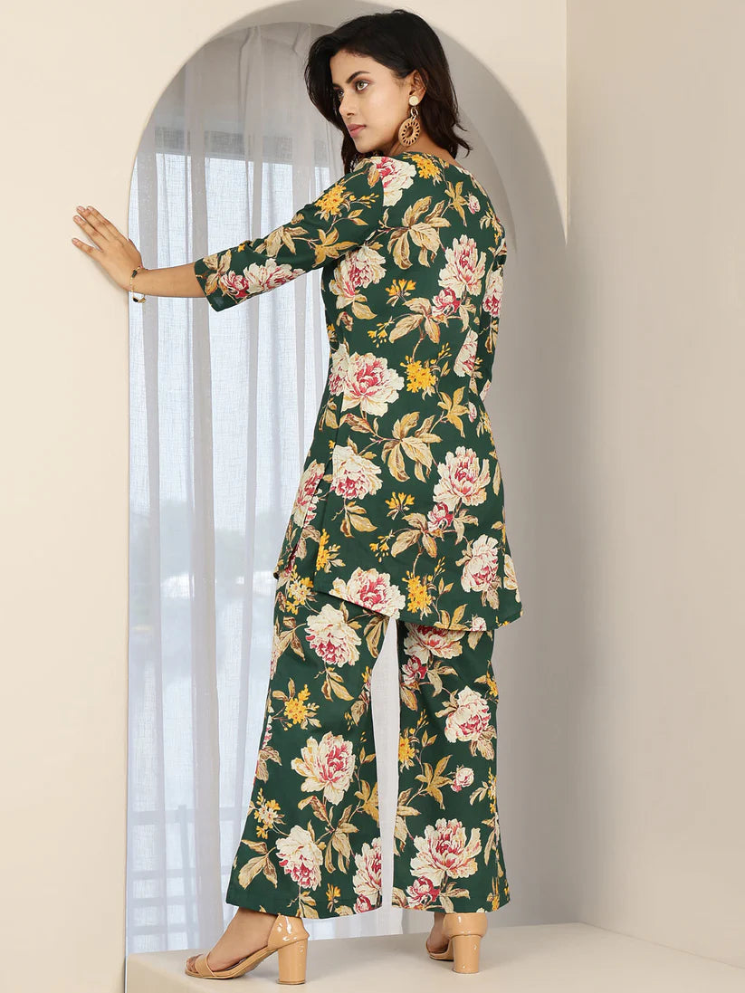 CO-ORDS-Green Cotton Printed Straight Round Neck