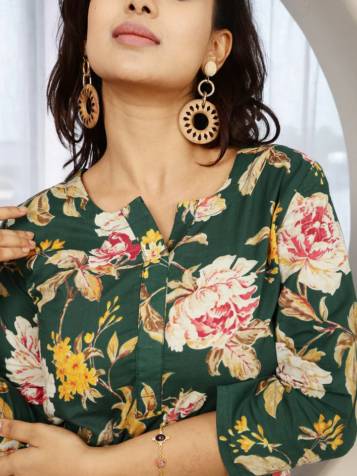CO-ORDS-Green Cotton Printed Straight Round Neck