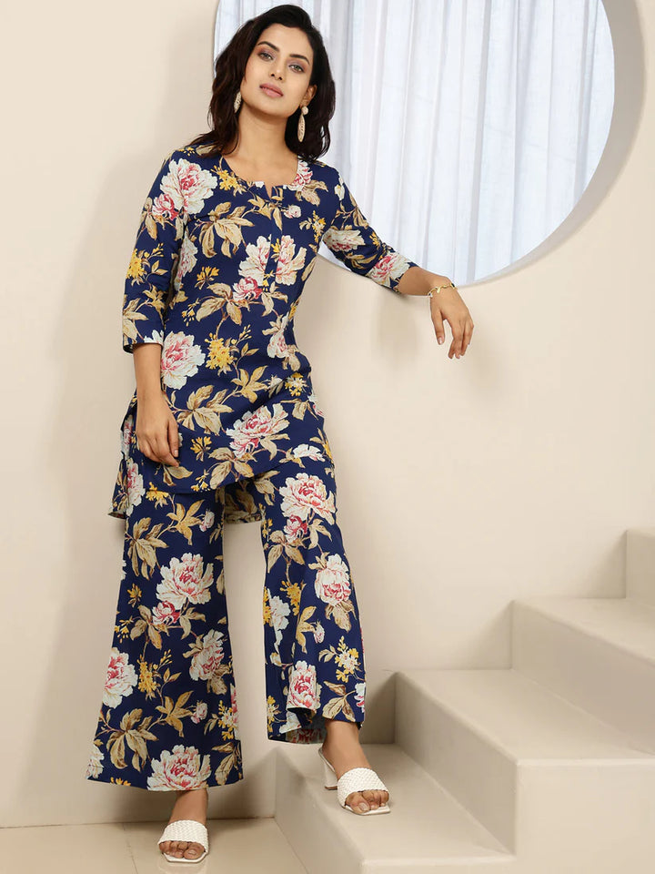 CO-ORDS-Blue Cotton Printed Straight Round Neck