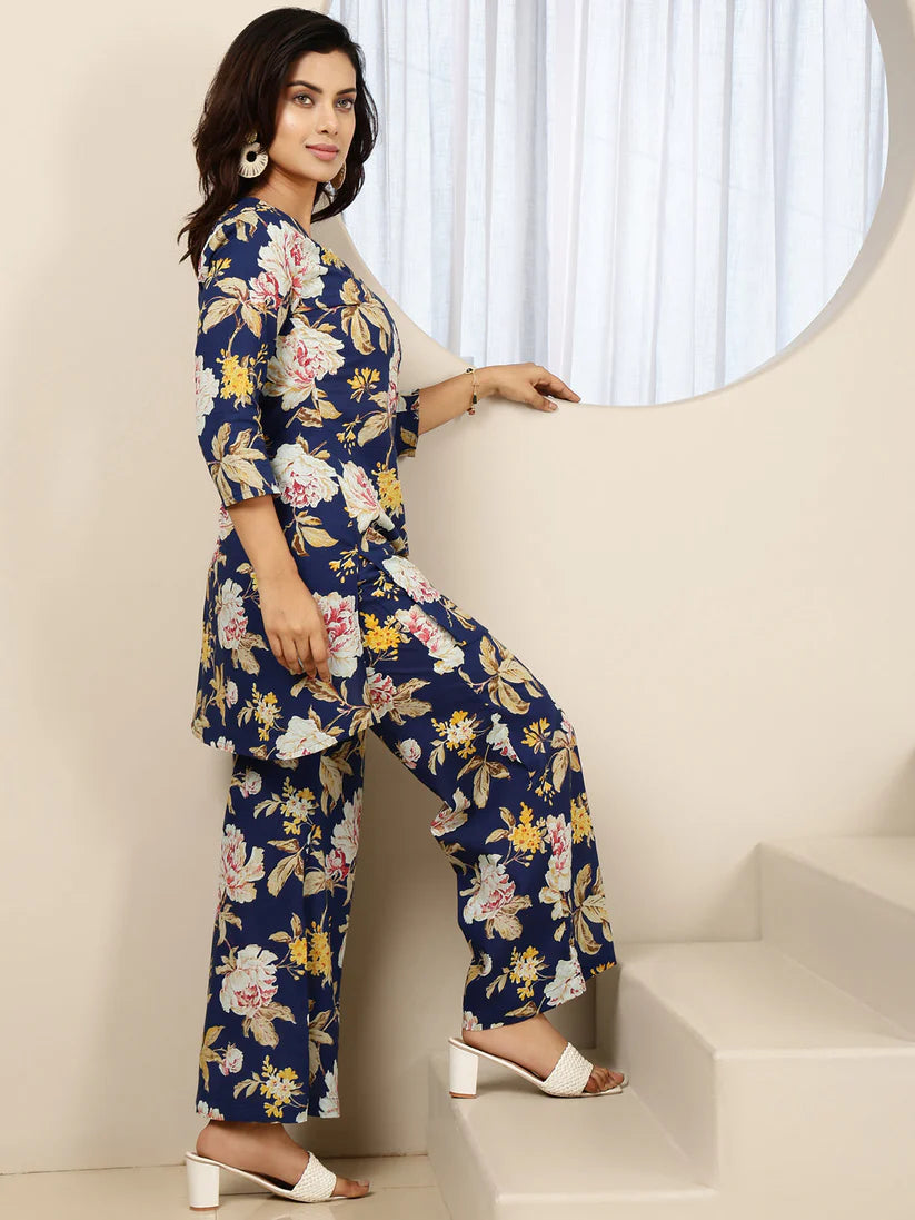 CO-ORDS-Blue Cotton Printed Straight Round Neck