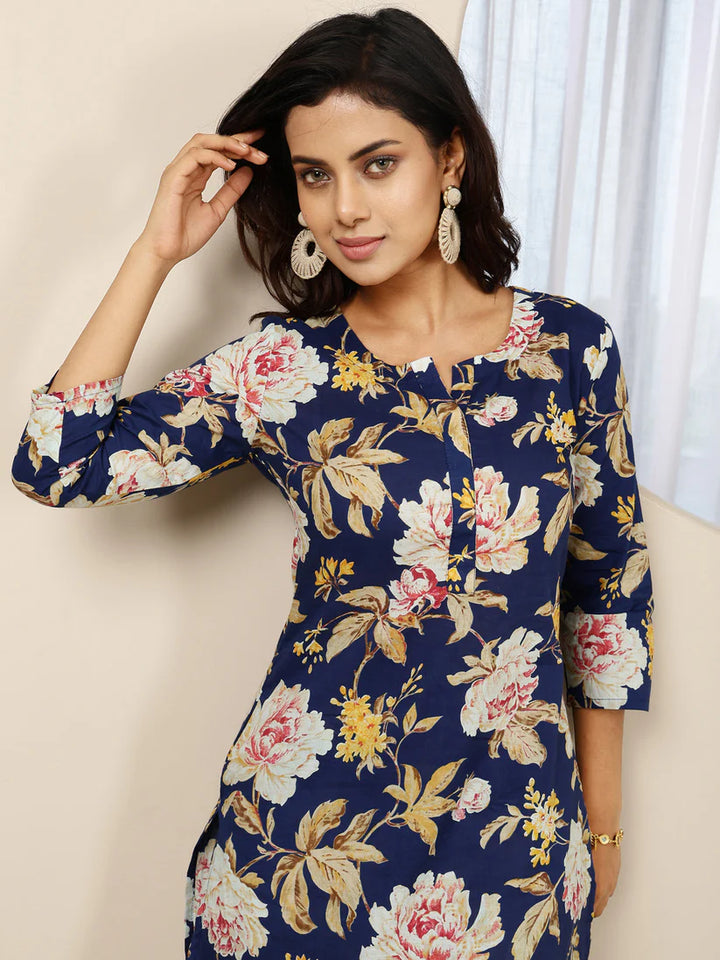 CO-ORDS-Blue Cotton Printed Straight Round Neck